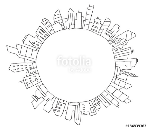 500x437 City Panorama Drawing In Circle Round. Place For Text. Hand Drawn
