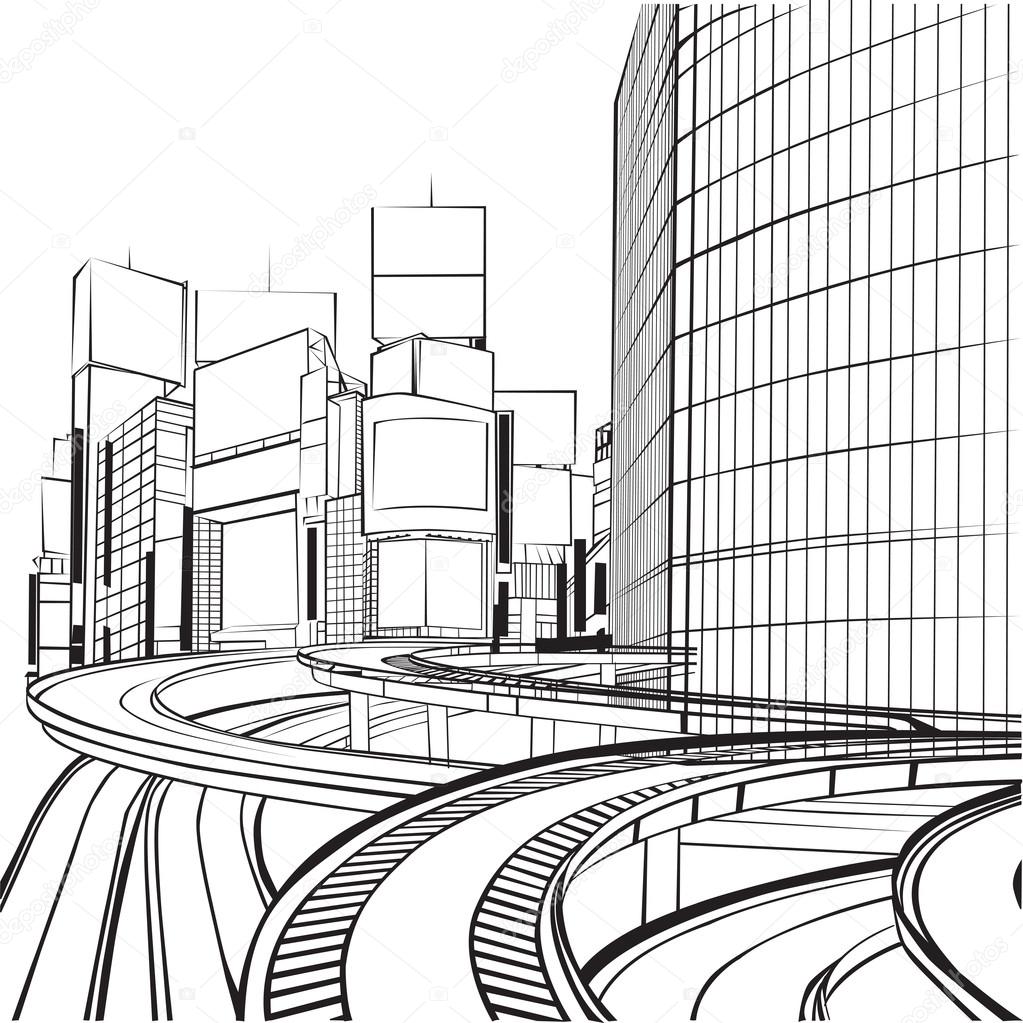 1023x1023 Sketch Of The Silhouette Of The City Stock Vector Roman4