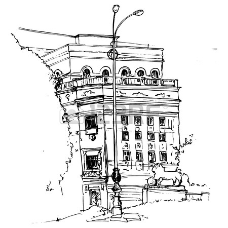 450x450 Urban Sketch, City Street With Buildings, Street Lamps And Trees