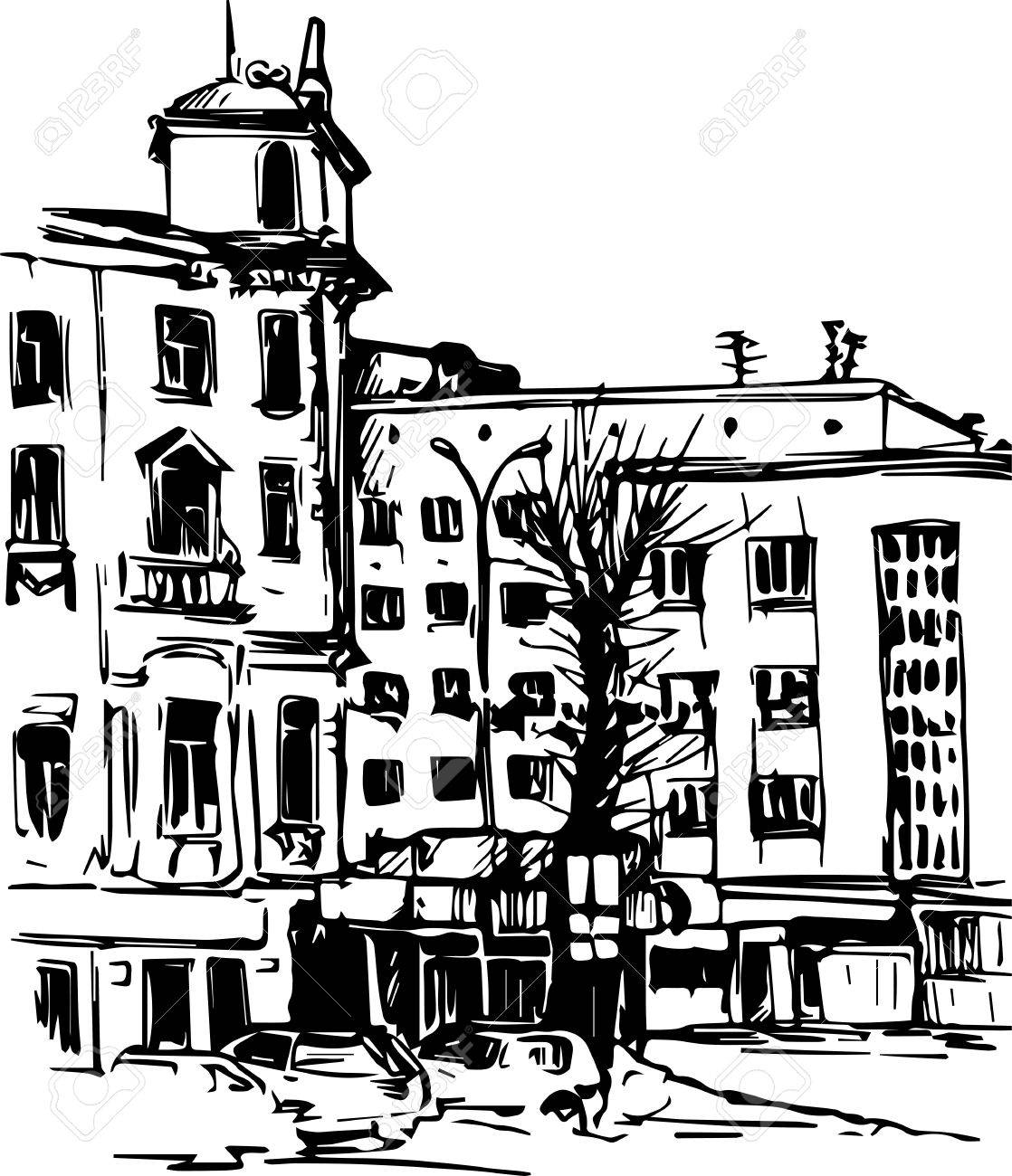 1118x1300 Urban Sketch, City Street With Buildings And Trees, Hand Drawn
