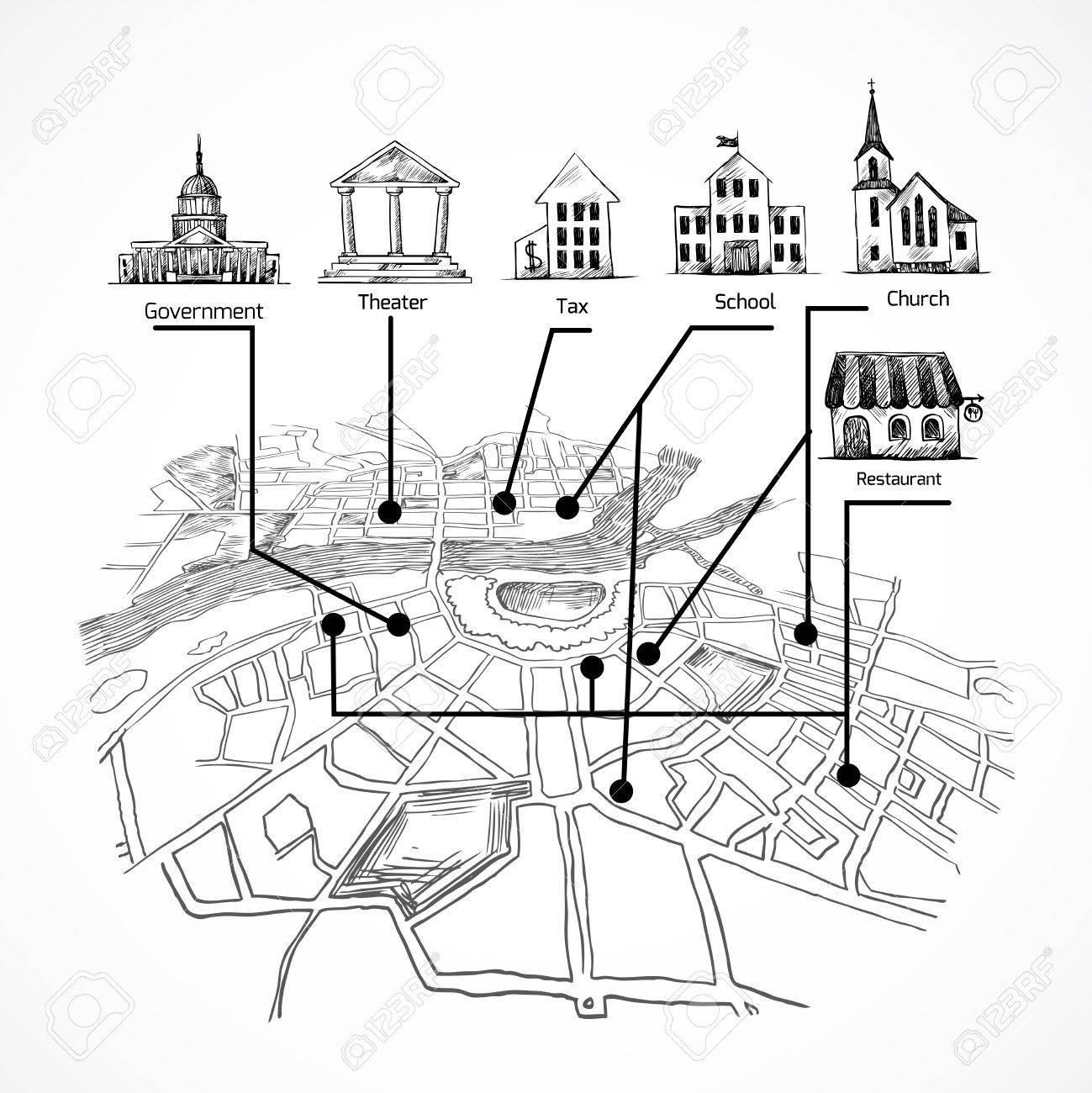 1299x1300 Information City Map For Travel Navigation With Buildings Icons