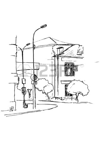 319x450 Urban Sketch, City Street With Buildings, Street Lamps And Trees