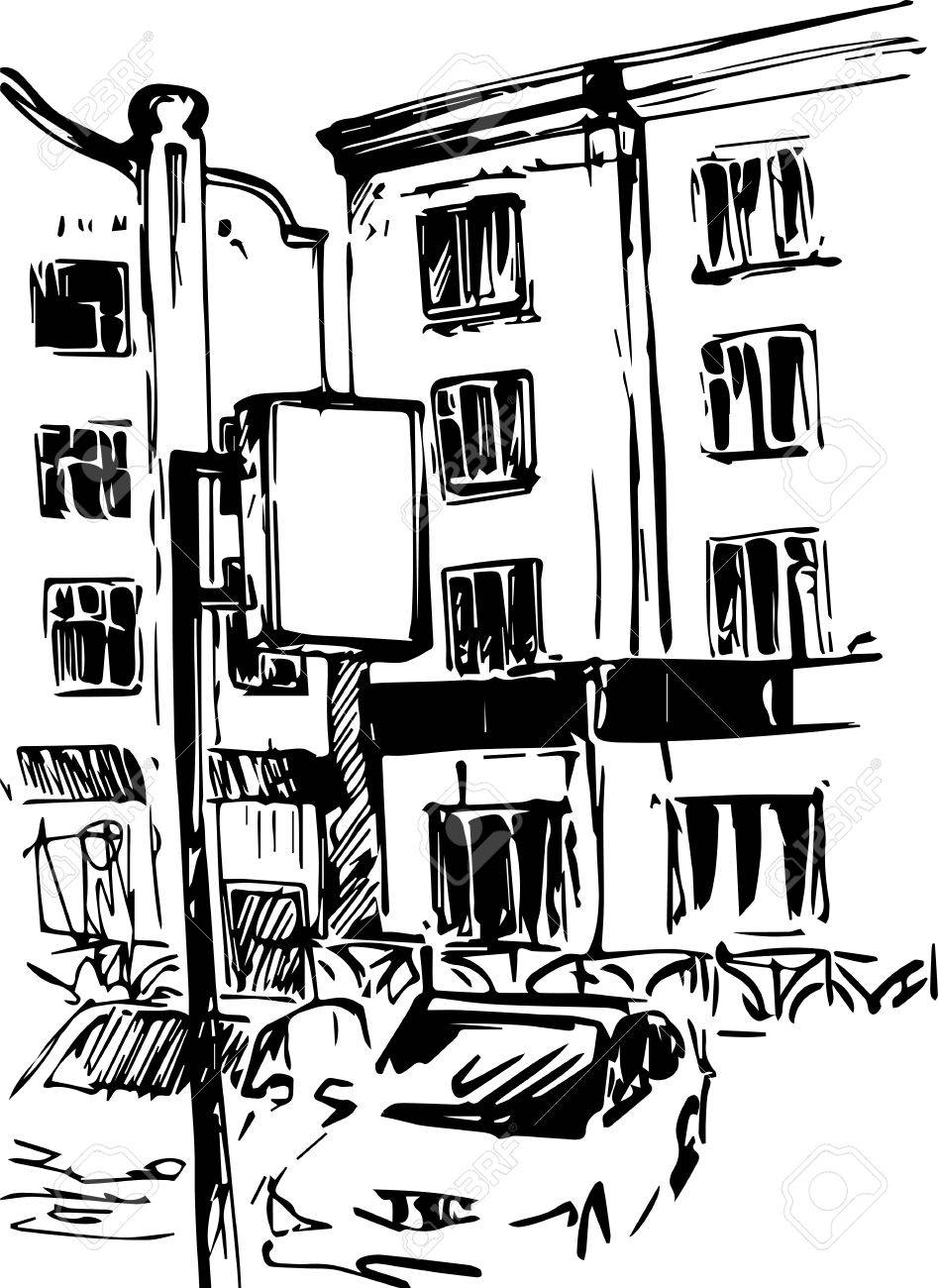 947x1300 Urban Sketch, City Street With Buildings,cars And Trees, Hand