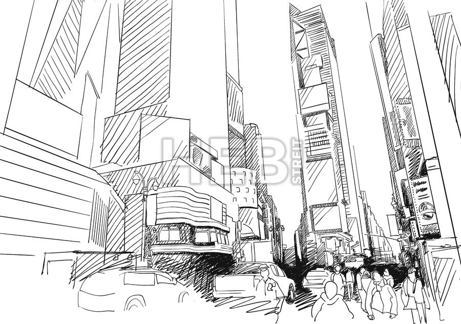 900x633 Time Square, New York City. Hand Drawn Vector Outline Sketch