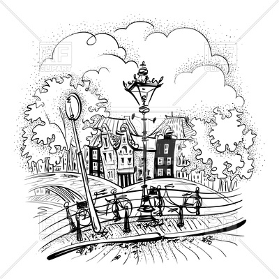 400x400 Black And White Hand Drawing City View Of Amsterdam Royalty Free
