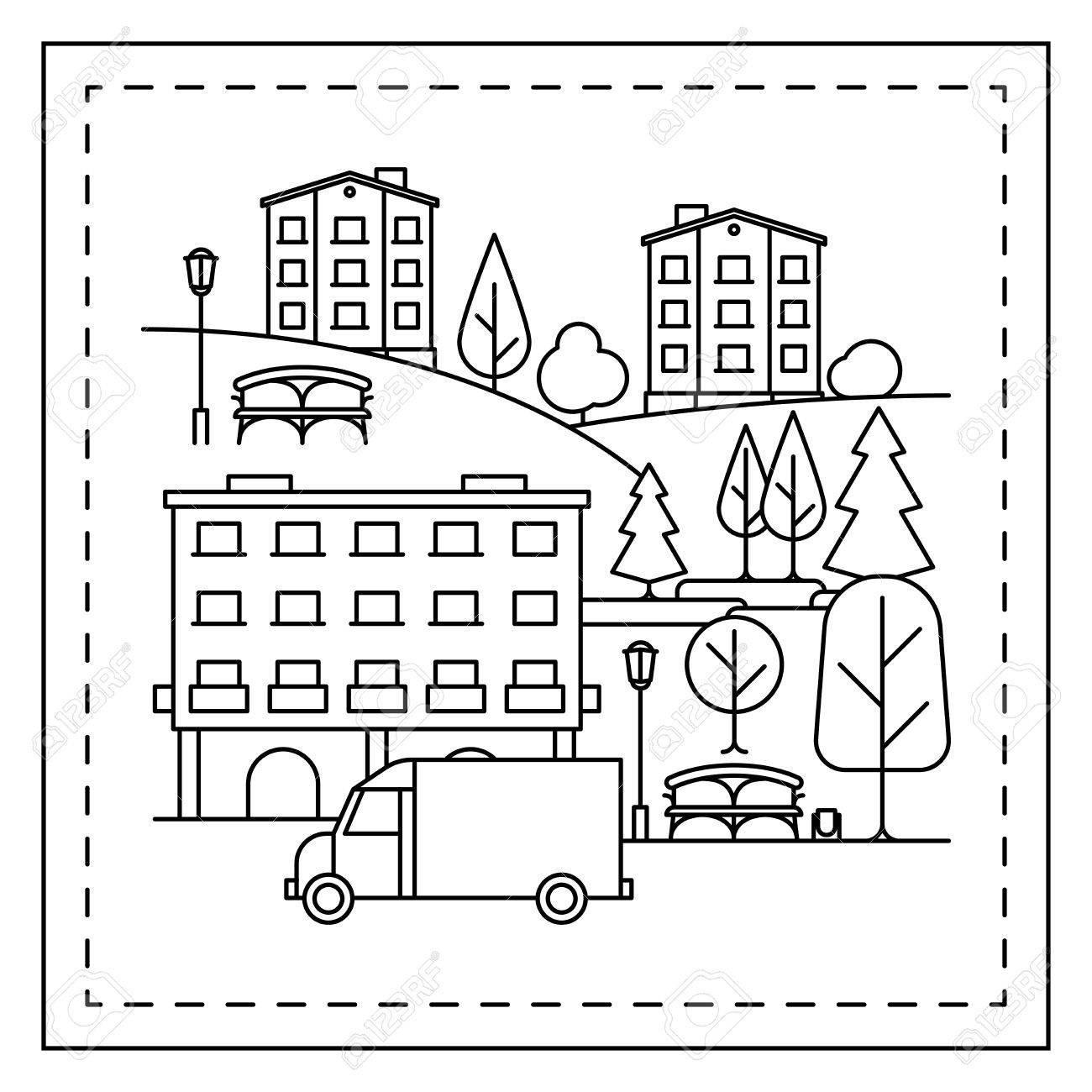 1300x1300 Coloring Page For Kids With City Landscape, Houses, Truck