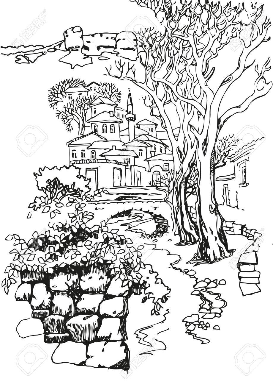 919x1300 Illustration Of The Black And White Design Of The Old City. Sketch