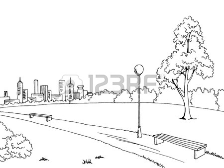 450x338 Park Graphic Art Black White Bench Lamp Landscape Sketch