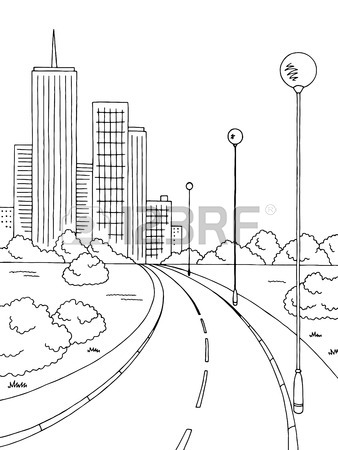 338x450 Street Road Graphic Black White City Landscape Sketch Vertical