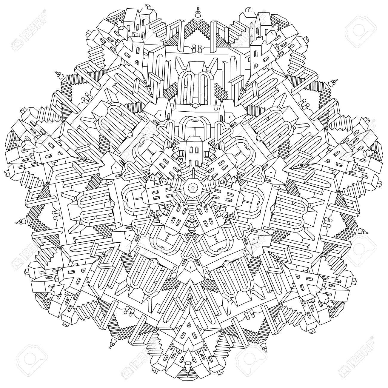 1300x1300 Contoured Drawing Of A Non Existent Unreal City Maze In Mandala