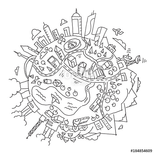 500x500 Round Illustration World Planet Earth. City, Mountains