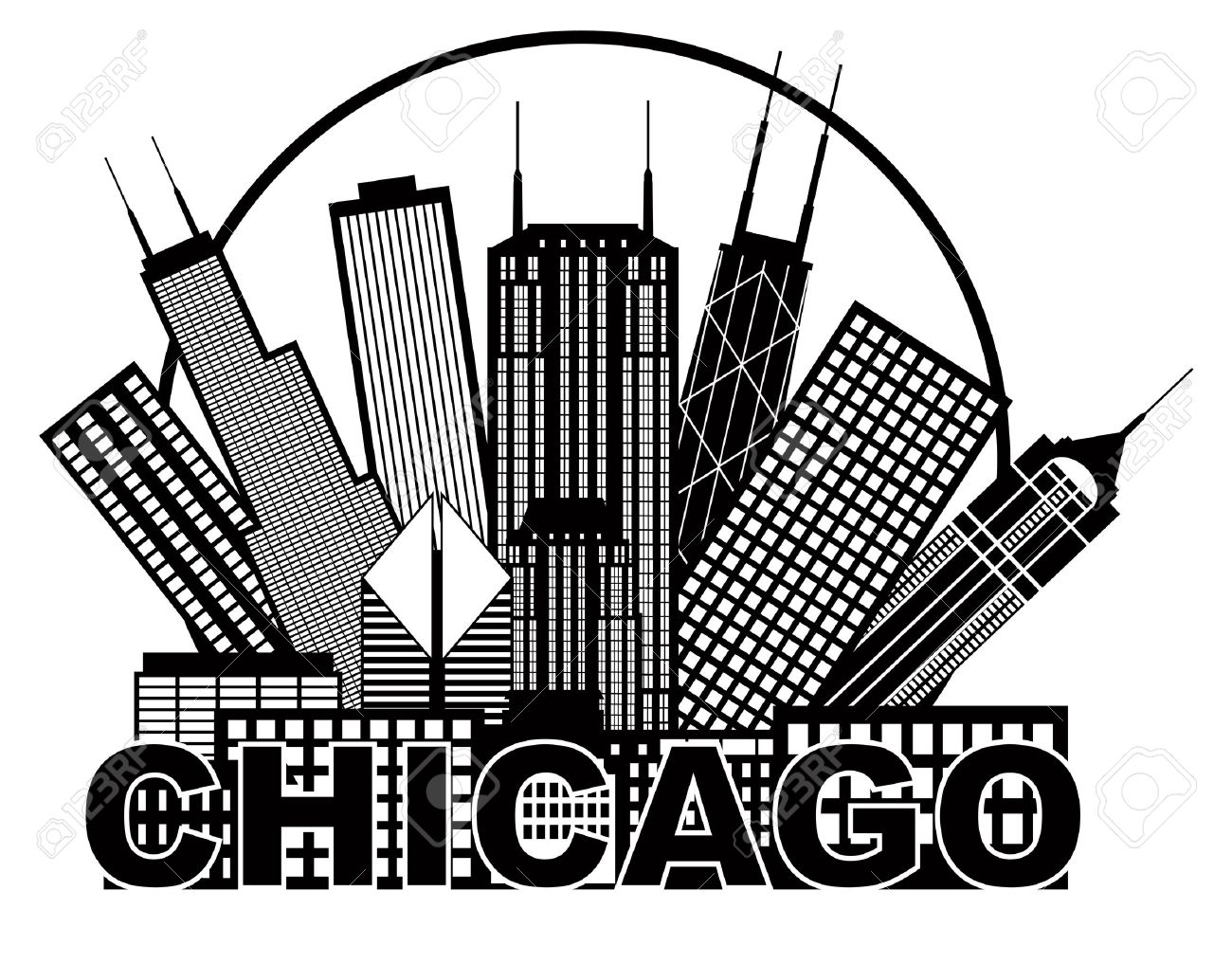 1300x1017 Chicago City Skyline Panorama Black Outline Silhouette In Circle