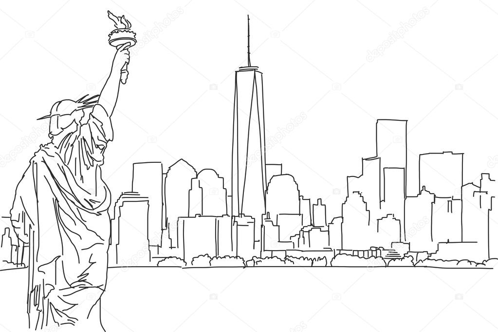 1023x681 Free Hand Sketch Of New York City Skyline. Vector Scribble Stock