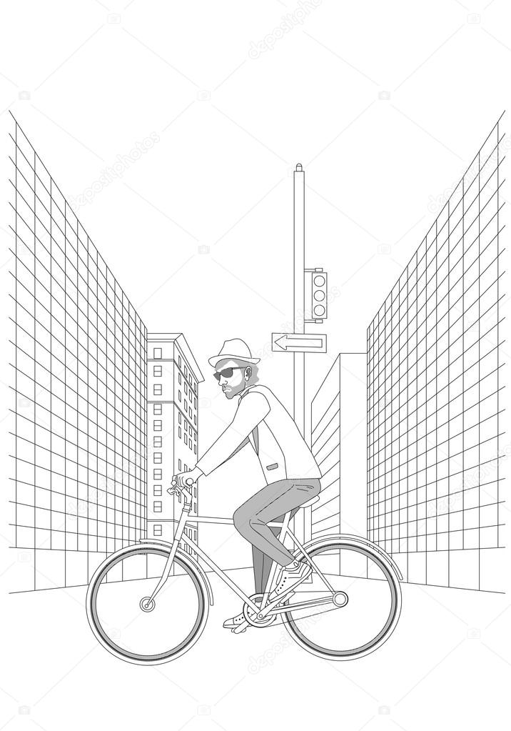 716x1023 Illustrated City Street View With Man Riding A Bicycle Stock