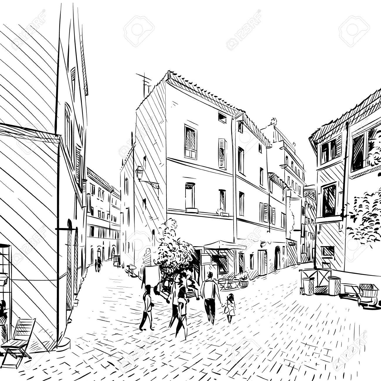 1300x1300 City Street Sketch, Illustration Royalty Free Cliparts, Vectors