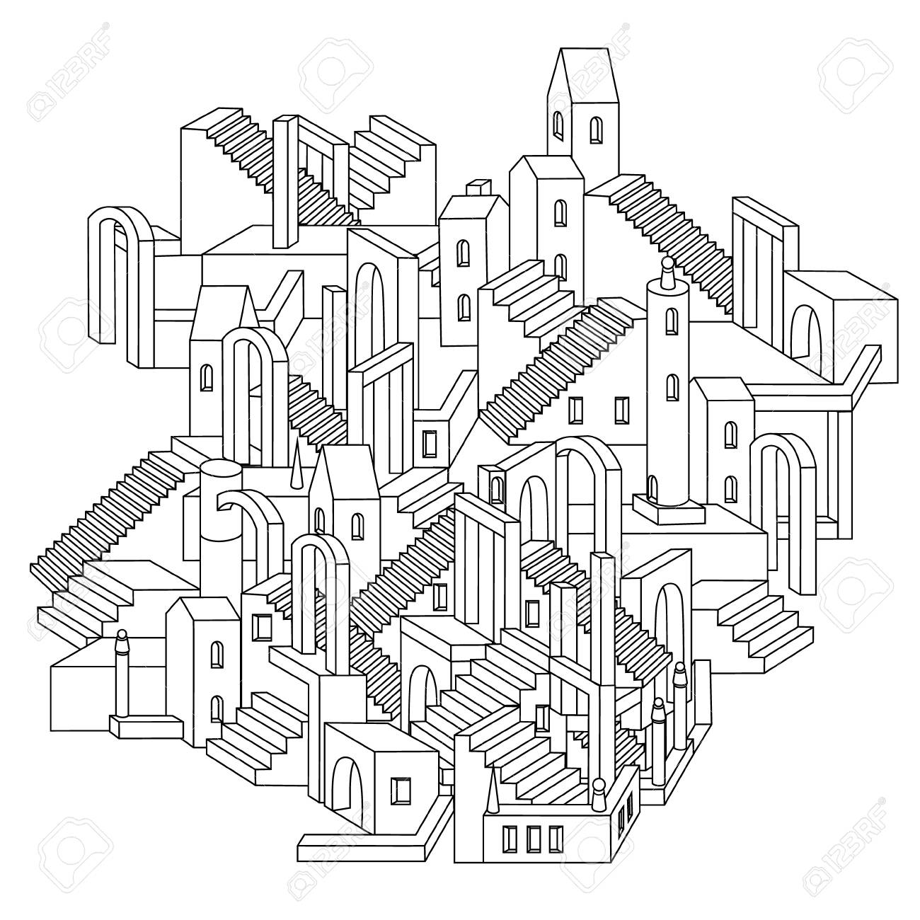 1300x1300 Drawing Of A Non Existent Unreal City Maze With Houses, Walls