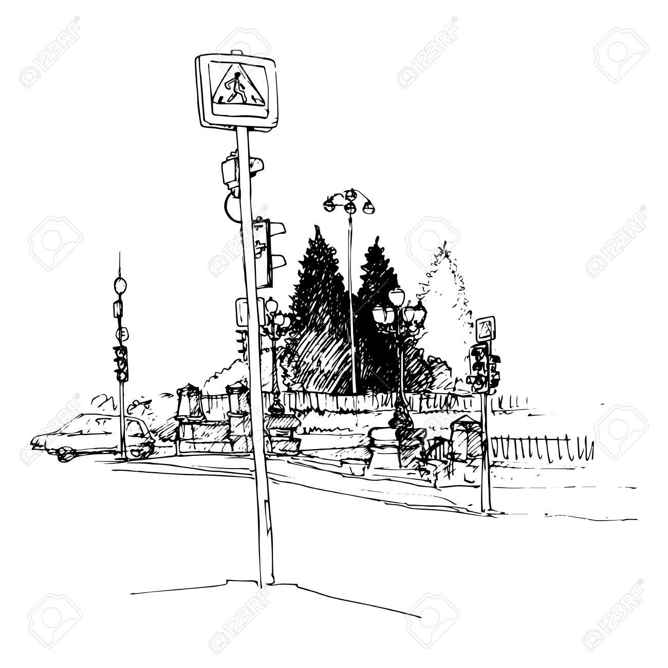 1300x1300 Urban Sketch, City Street With Buildings, Cars And Traffic Lights