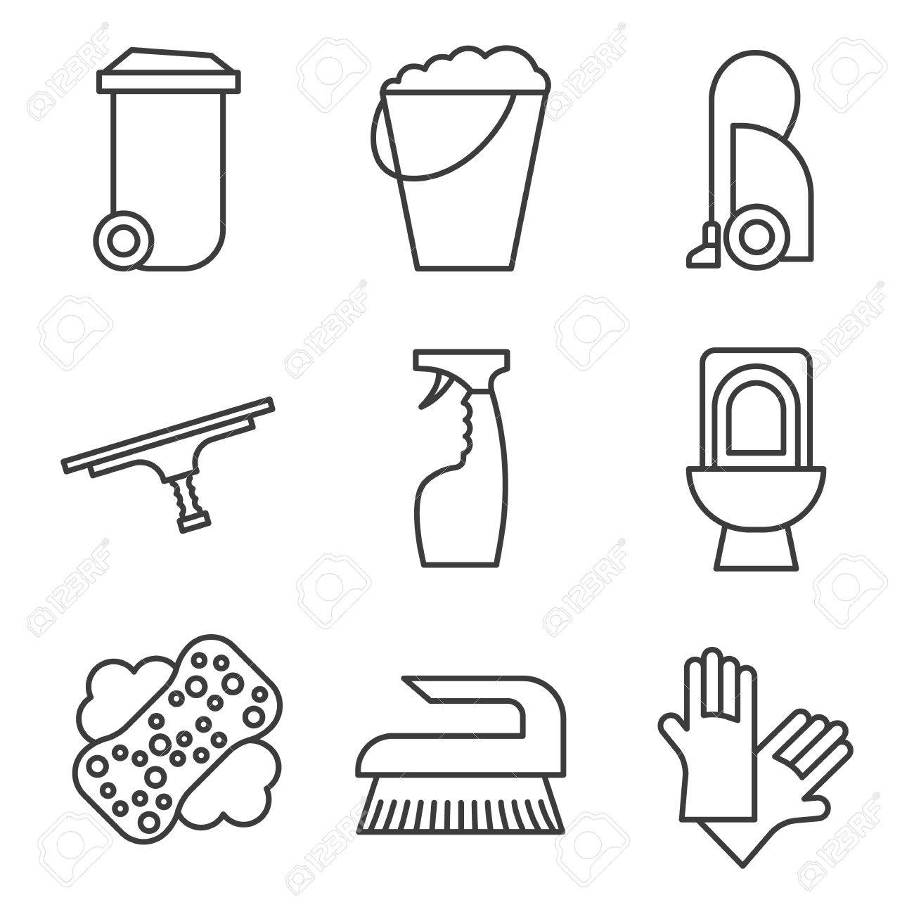 1300x1300 Cleaning Items And Tools Linear Icons Set. Trash Can, Bucket