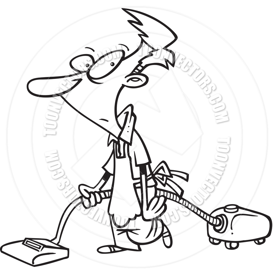 940x940 Cartoon Man Cleaning The House (Black And White Line Art) By Ron