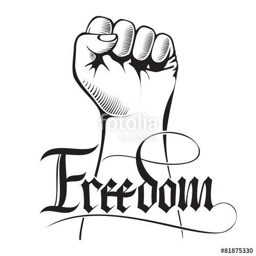 500x500 Clenched Fist Held High With Handwritten Word Freedom. Stock
