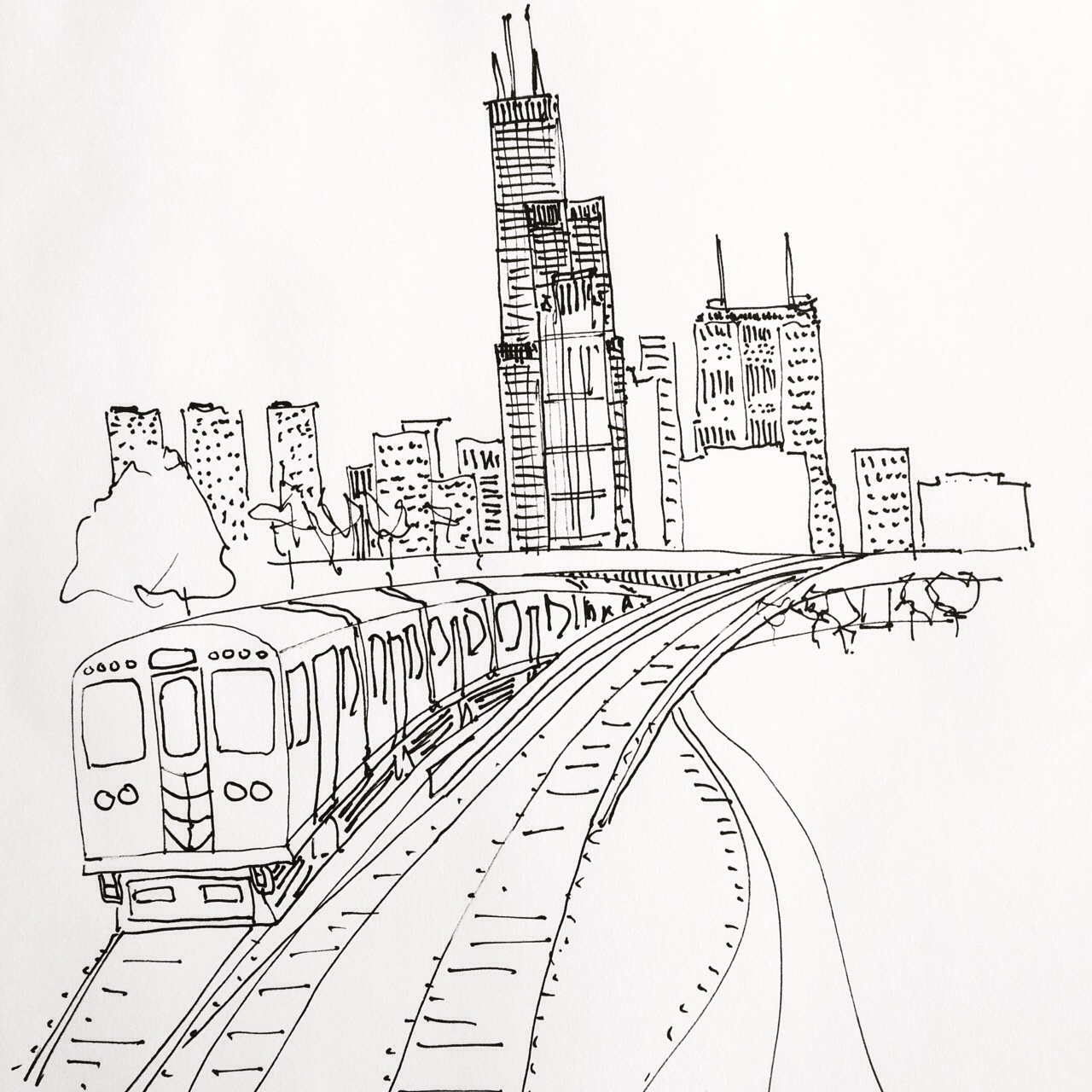 1280x1280 Sketchbook Art Of Chicago Skyline L Train Drawn In Pen