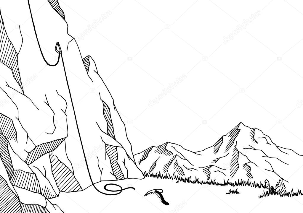1023x721 Cliff Mountaineering Graphic Art Black White Landscape Sketch