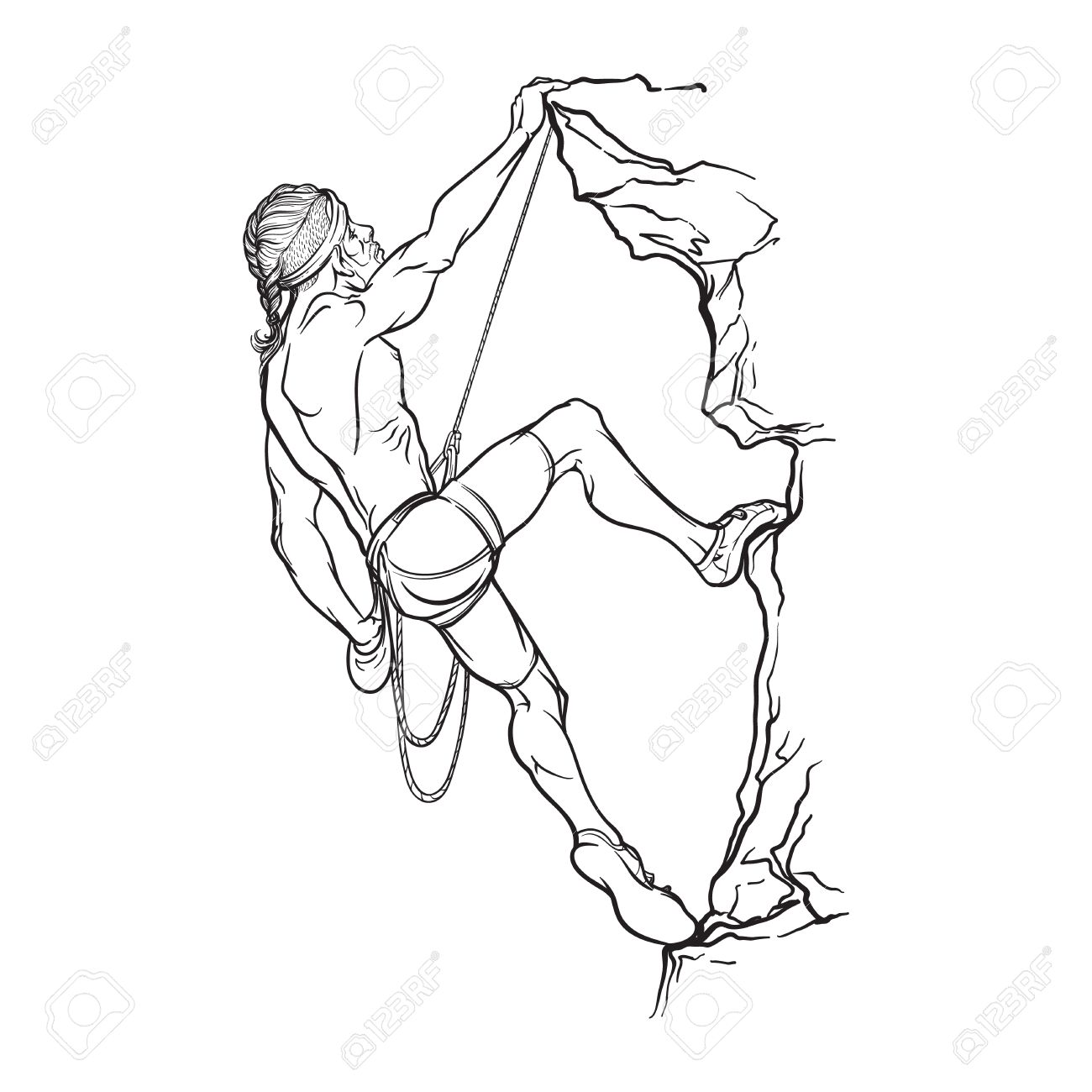 1300x1300 Rock Climber. Athletic Man Climbing Up The Cliff. Black Sketch