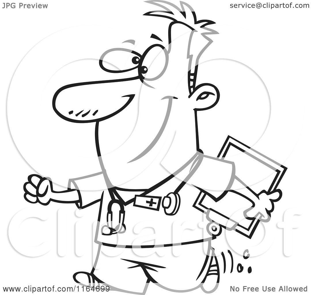 1080x1024 Cartoon Of An Outlined Happy Male Nurse Carrying A Clipboard