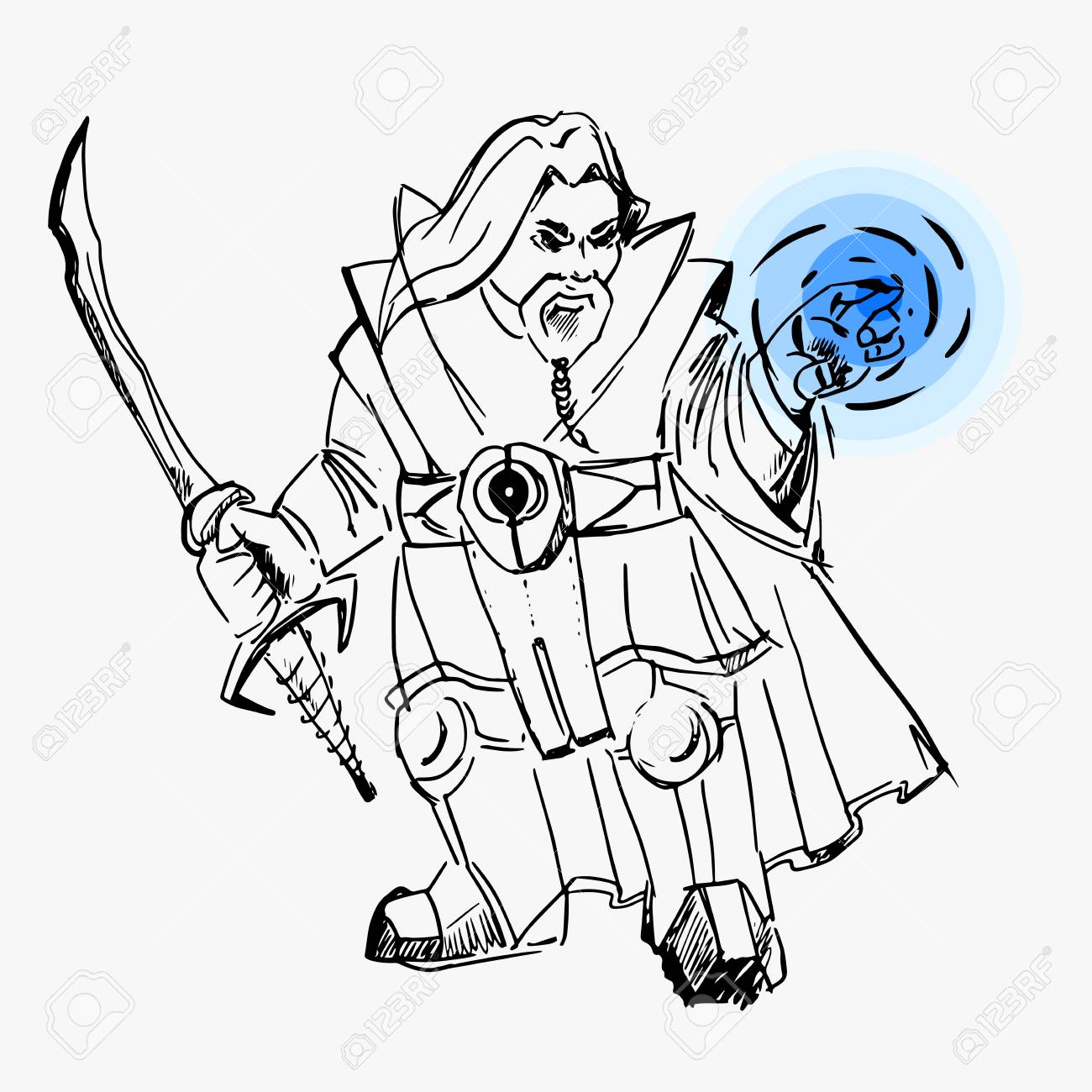 1300x1300 Vector, Dwarf Warrior Magician, Line Drawing, Sword, Cloak, Magic