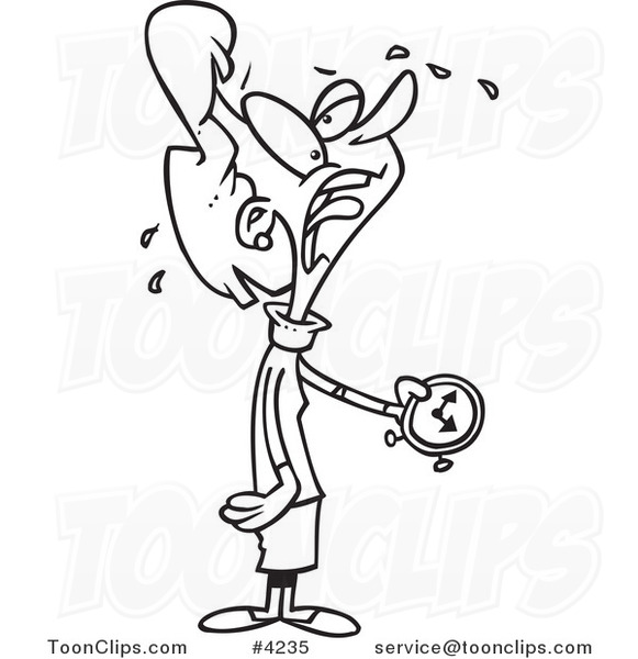 581x600 Cartoon Black And White Line Drawing Of A Lady Holding A Ticking