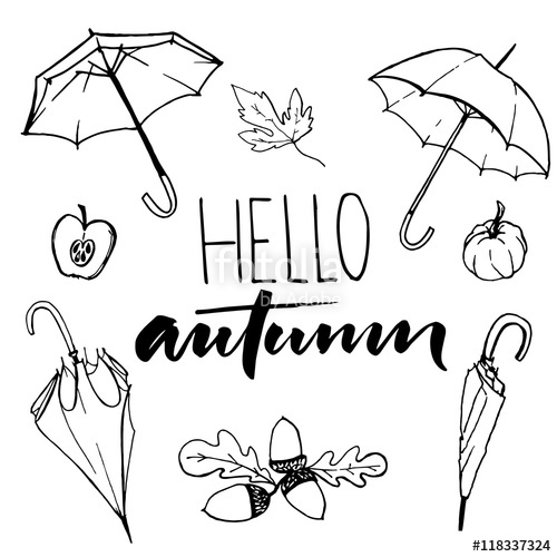 500x500 Hello Autumn Text And Sketches Of Open And Closed Umbrellas