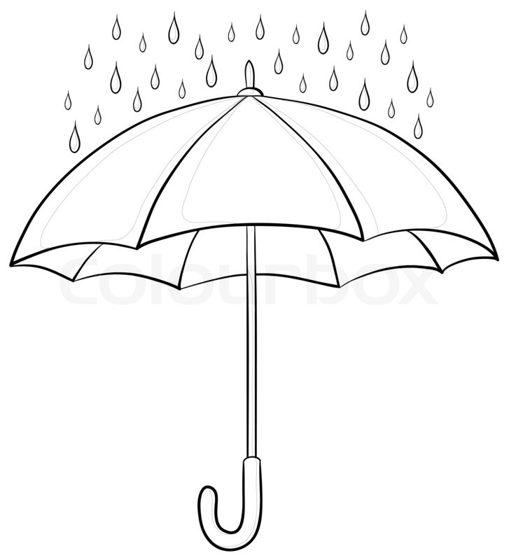 727x800 Umbrella And Rain Drops, Monochrome Contours On White Background