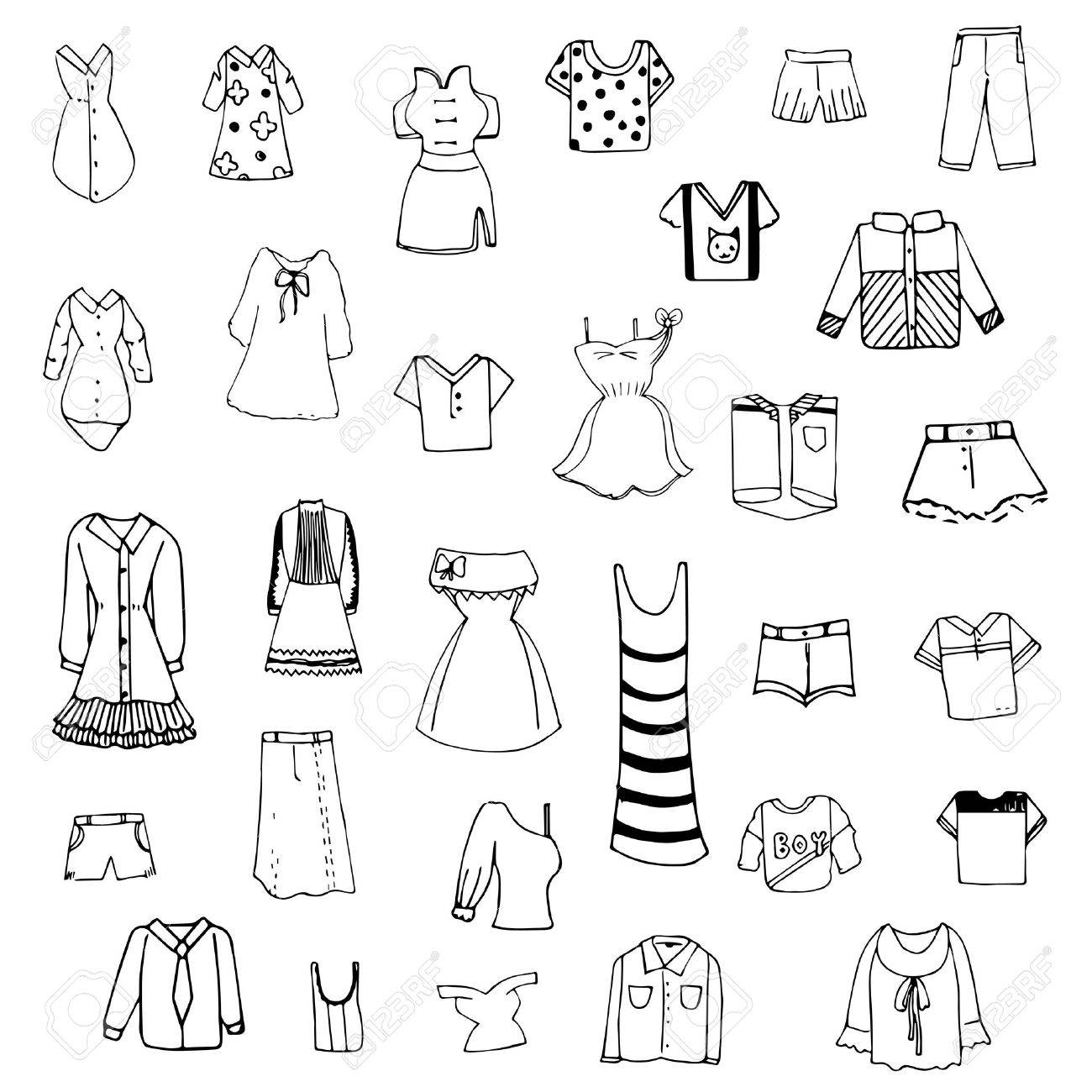 1300x1300 Clothes Sketch Vector Set Of Free Hand Drawing Royalty Free
