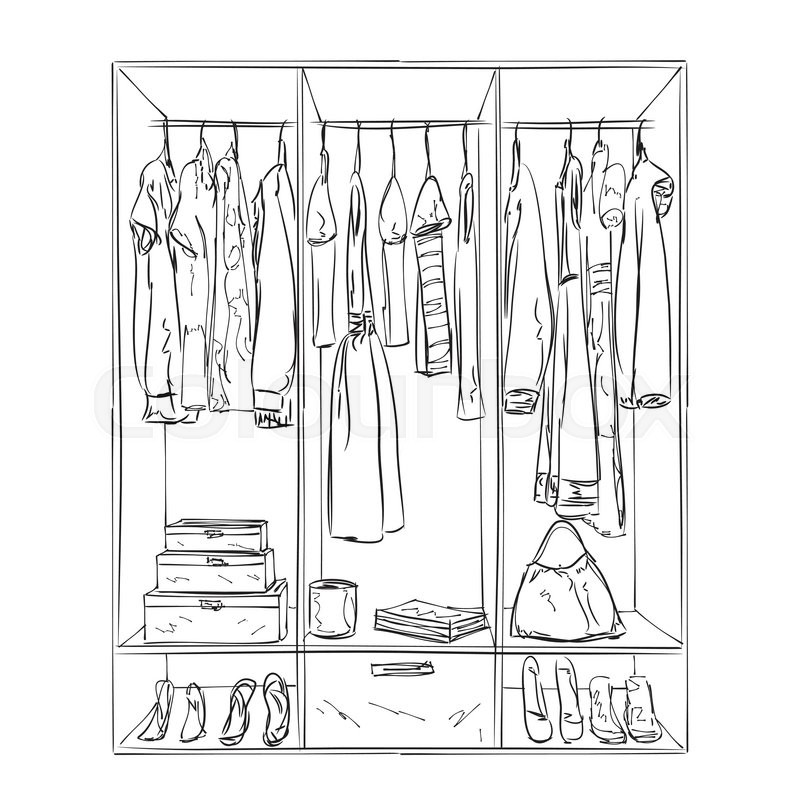 800x800 Hand Drawn Wardrobe Sketch. Room Interior With Clothes. Stock