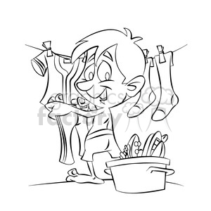 300x300 Royalty Free Vector Black And White Cartoon Guy Hanging Clothes