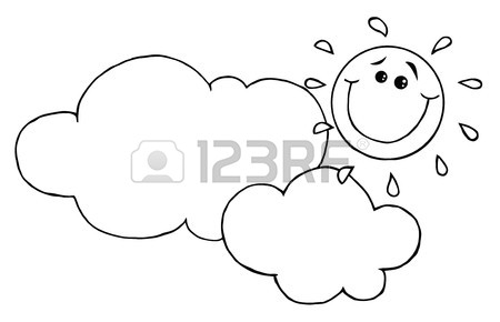 450x290 Outlined Smiling Sun Behind Cloud Cartoon Character Royalty Free