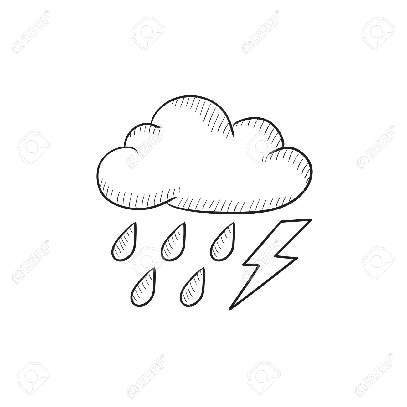 1300x1300 Cloud With Rain And Lightning Bolt Vector Sketch Icon Isolated