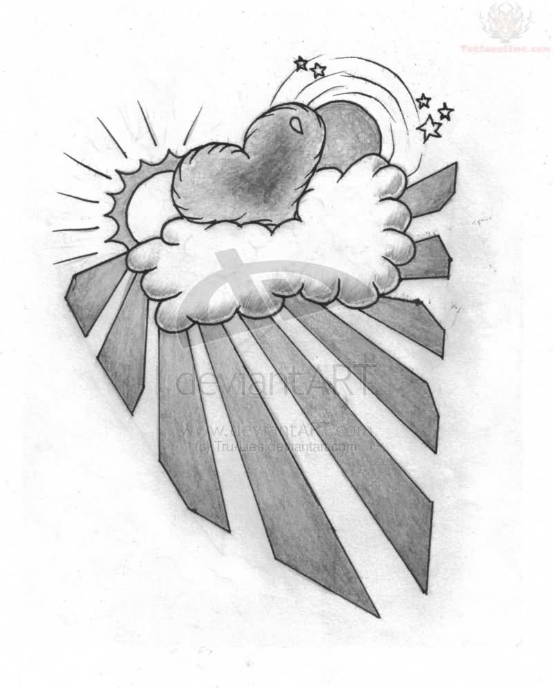 800x994 Grey Ink Heart And Cloud Tattoo Design