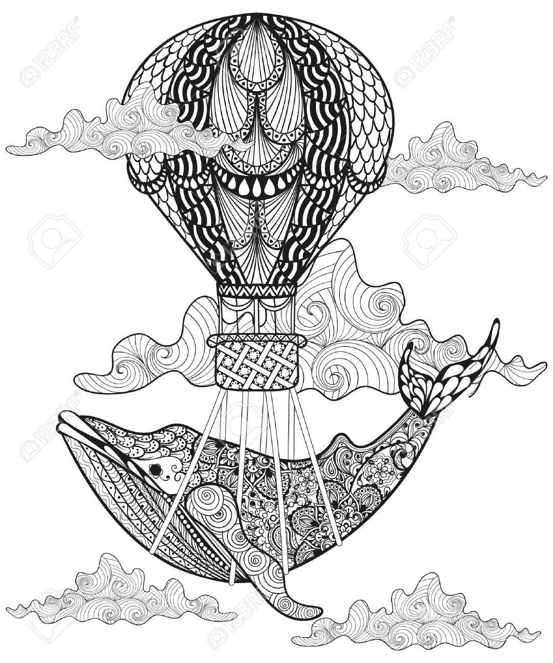 1083x1300 Hand Drawn Vector Whale Flying With Artistic Air Balloon In Clouds