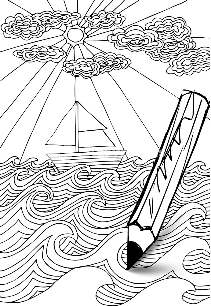 691x1000 Hand Drawn Styled Sea With Clouds Royalty Free Stock Image