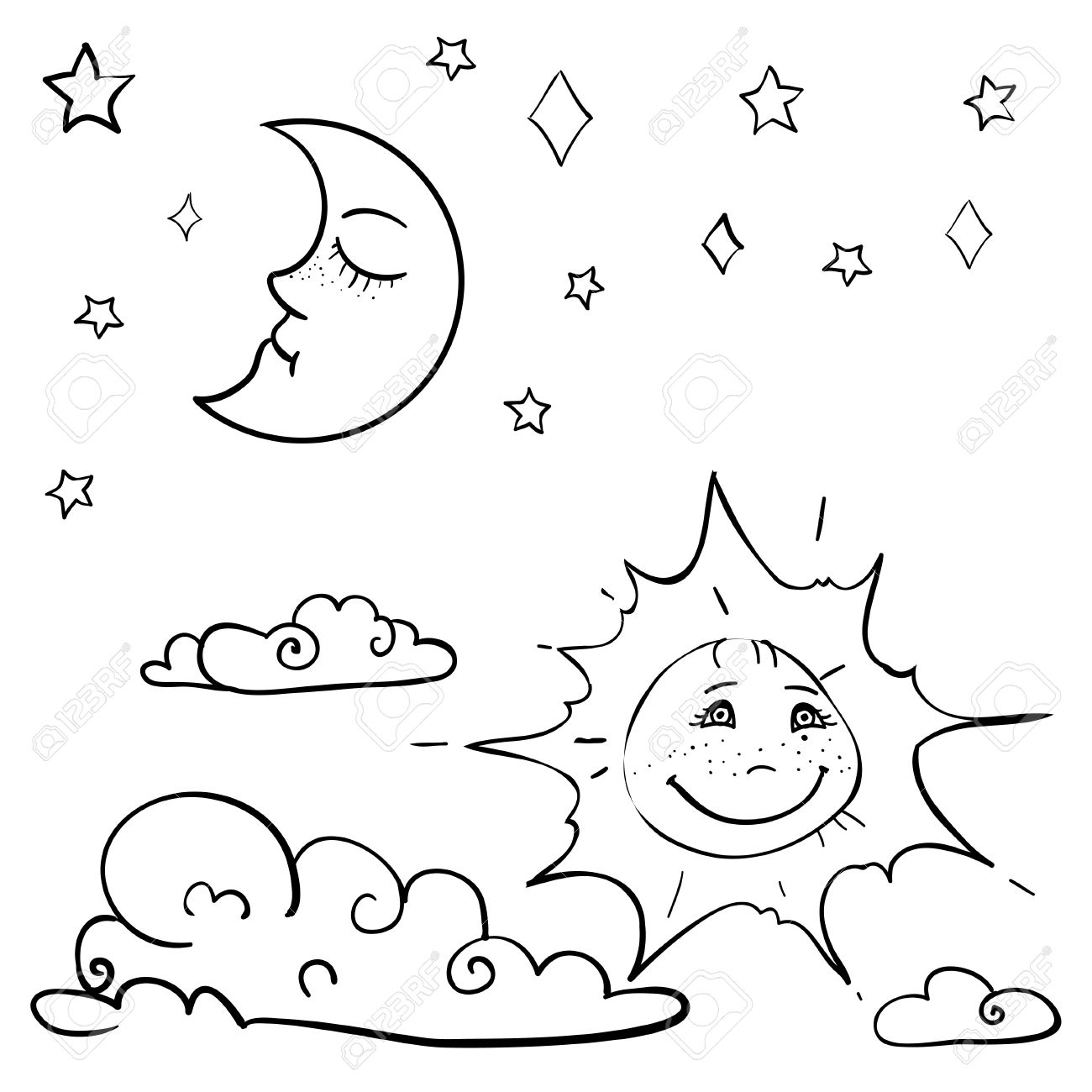 1300x1300 Hand Drawn Vector Children's Coloring Book With Moon, Sun, Cloud