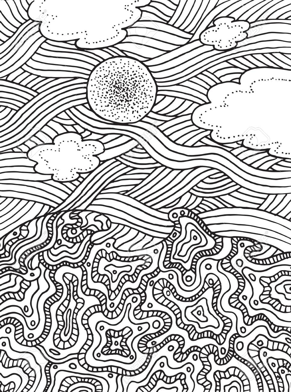 965x1300 Summer Sea And Sky With Clouds And Sun. Vector Hand Drawn Line