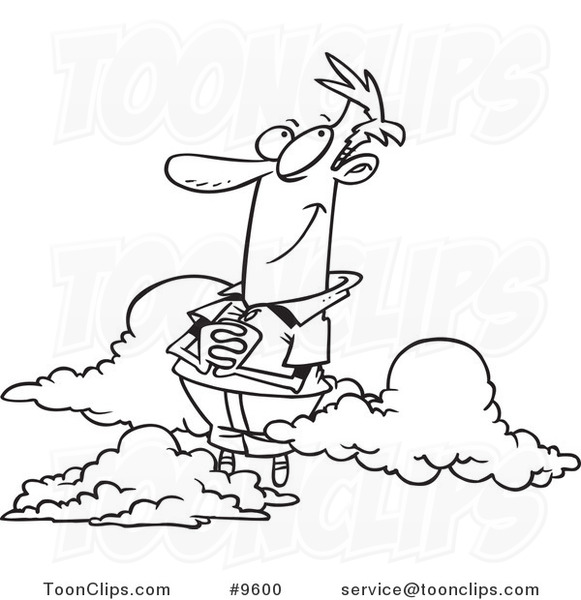 581x600 Cartoon Black And White Line Drawing Of A Guy In The Clouds