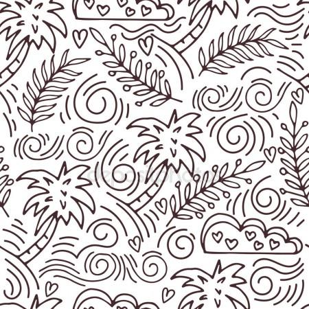 450x450 Seamless Hand Drawn Pattern With Palm Trees And Clouds Stock