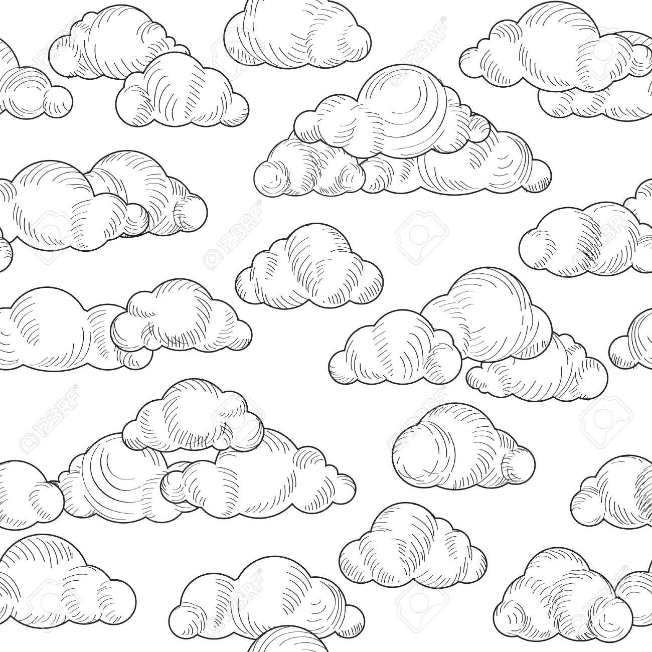 1300x1300 Cloud Doodle Black And White Pattern. Cloudy Sky Seamless