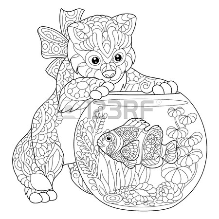 450x450 Coloring Page Of Kitten Playing With Clown Fish In Aquarium