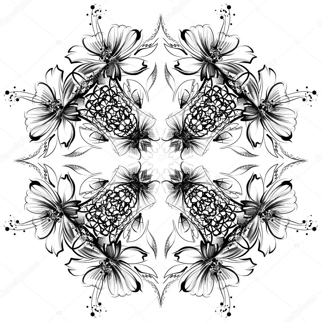 1024x1024 Flowers, Drawing With Simple Pencil And Coal On Old White Paper