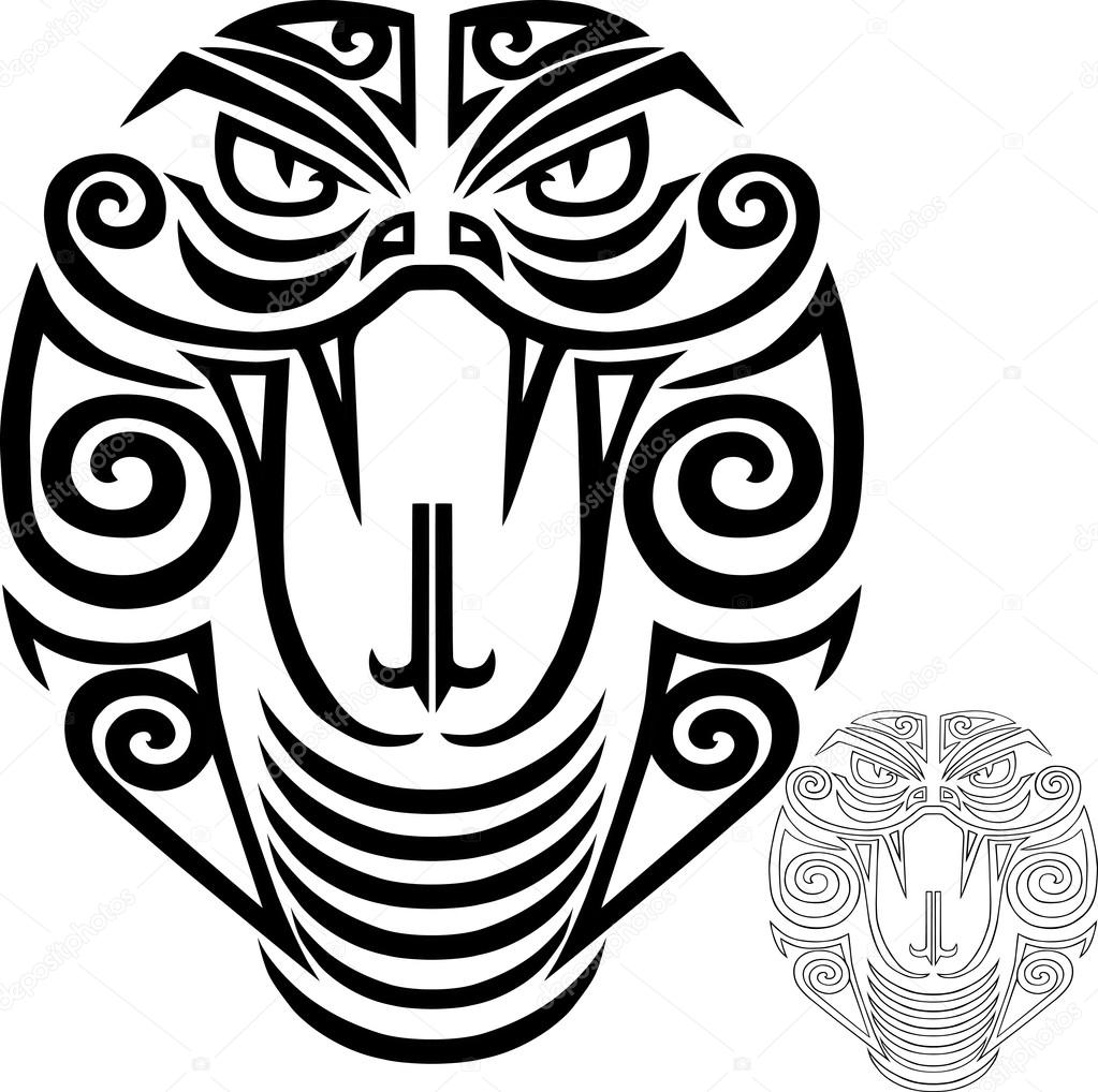 1023x1018 Hand Drawn Cobra Head Stylized Maori Face Tattoo. Vector Stock