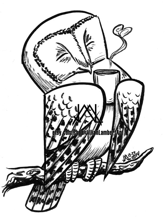 570x760 Print Coffee Bliss Cute Owl Drinking Coffee Tea Ink