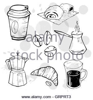 300x325 Coffee Pot And Coffee Beans. Hand Drawn Background In Vintage
